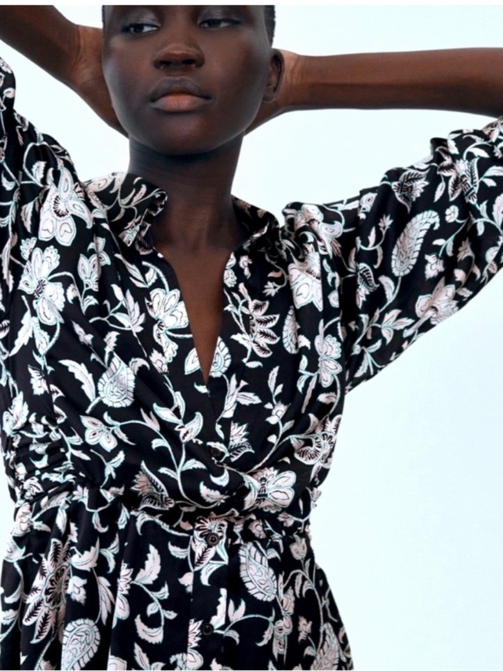 Zara | Black Floral Long-Sleeve Satin Boho Midi Shirt Dress | Sz XL - Picture 3 of 10